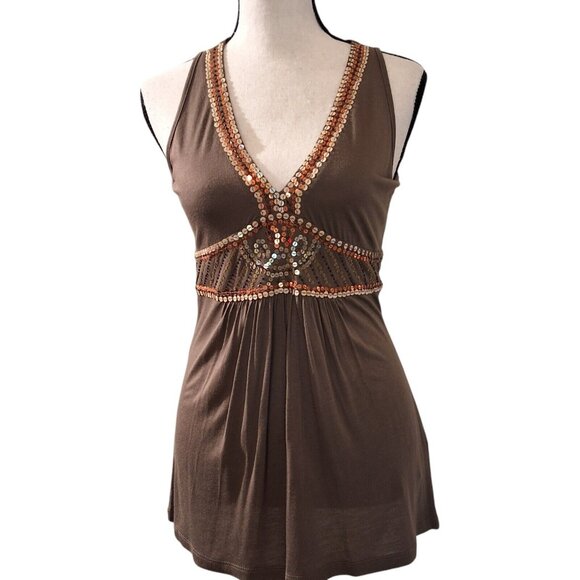 Y2K French Connection Sequined Babydoll Tank Top Sz S Brown Forest Fairy NWT - Picture 1 of 7